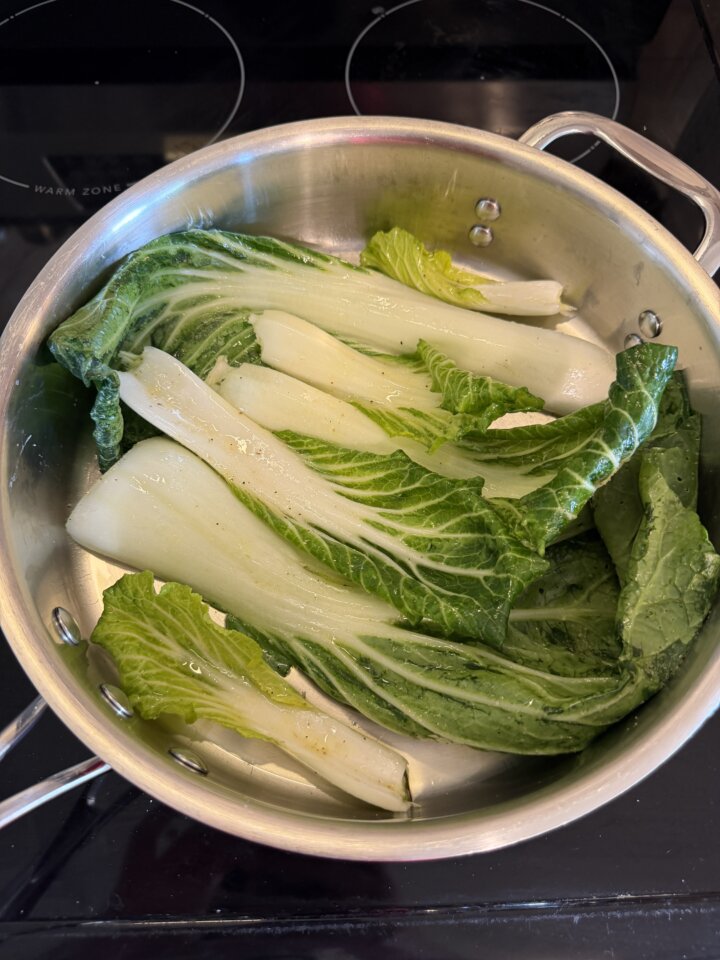 Fresh Bok Choy in frying pan